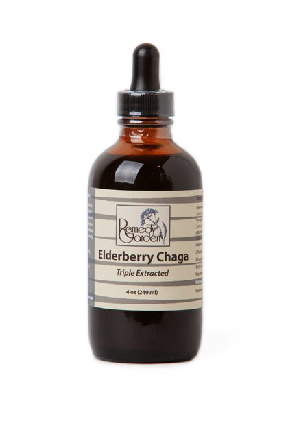 A bottle of elderberry chaga liquid.