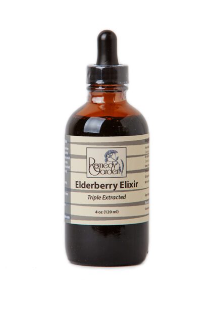 A bottle of elderberry elixir is shown.