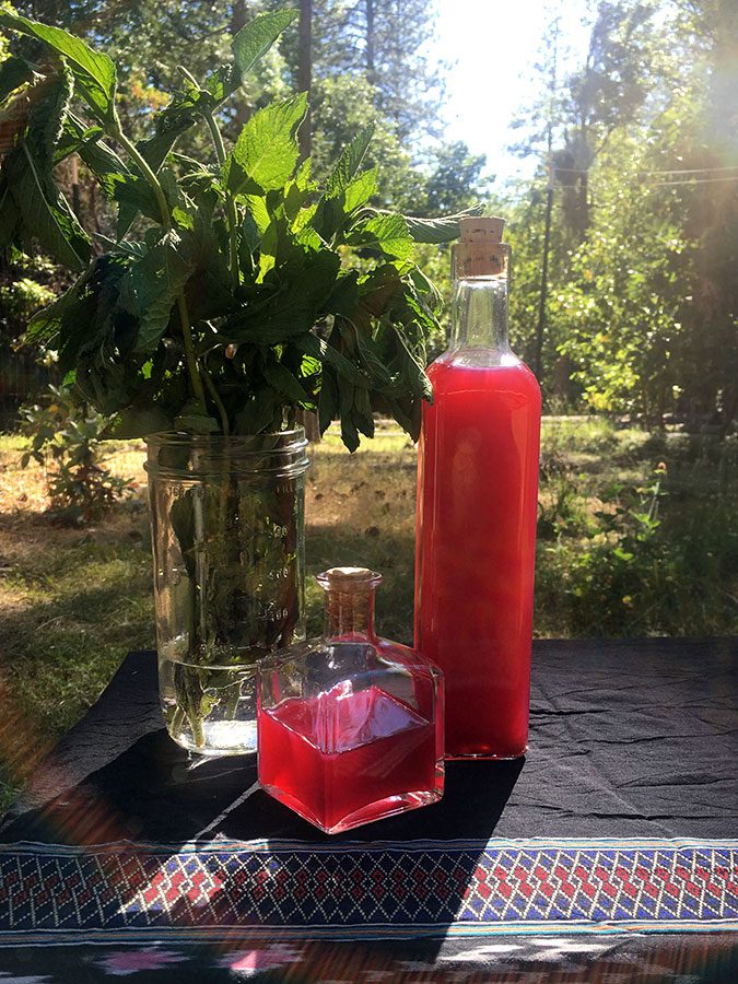 A bottle of red liquid and a glass vase with flowers.