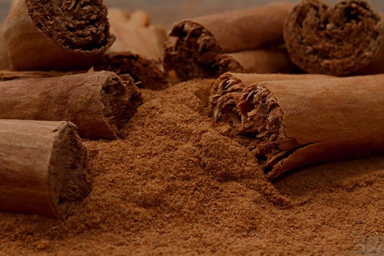 A pile of cinnamon sticks and ground cinnamon.