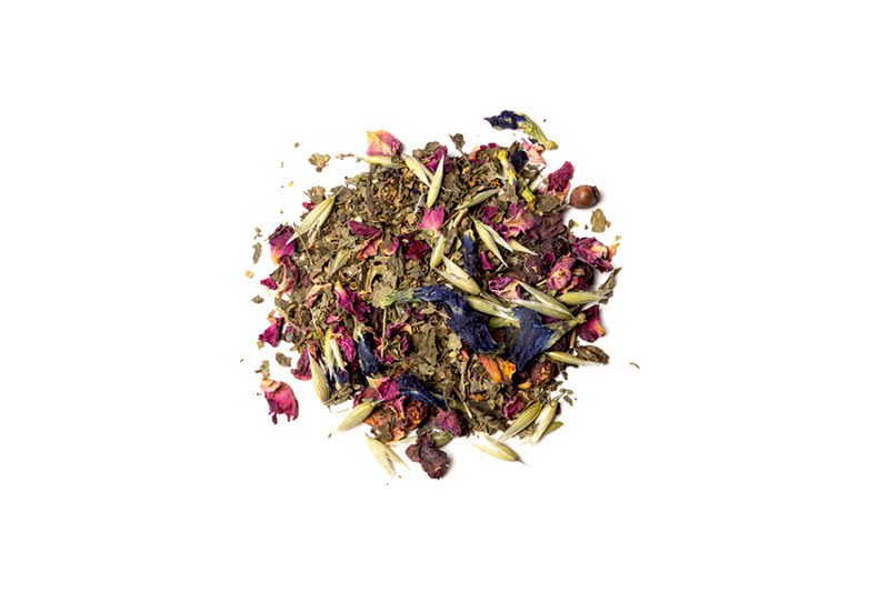 A pile of tea with different types of flowers.